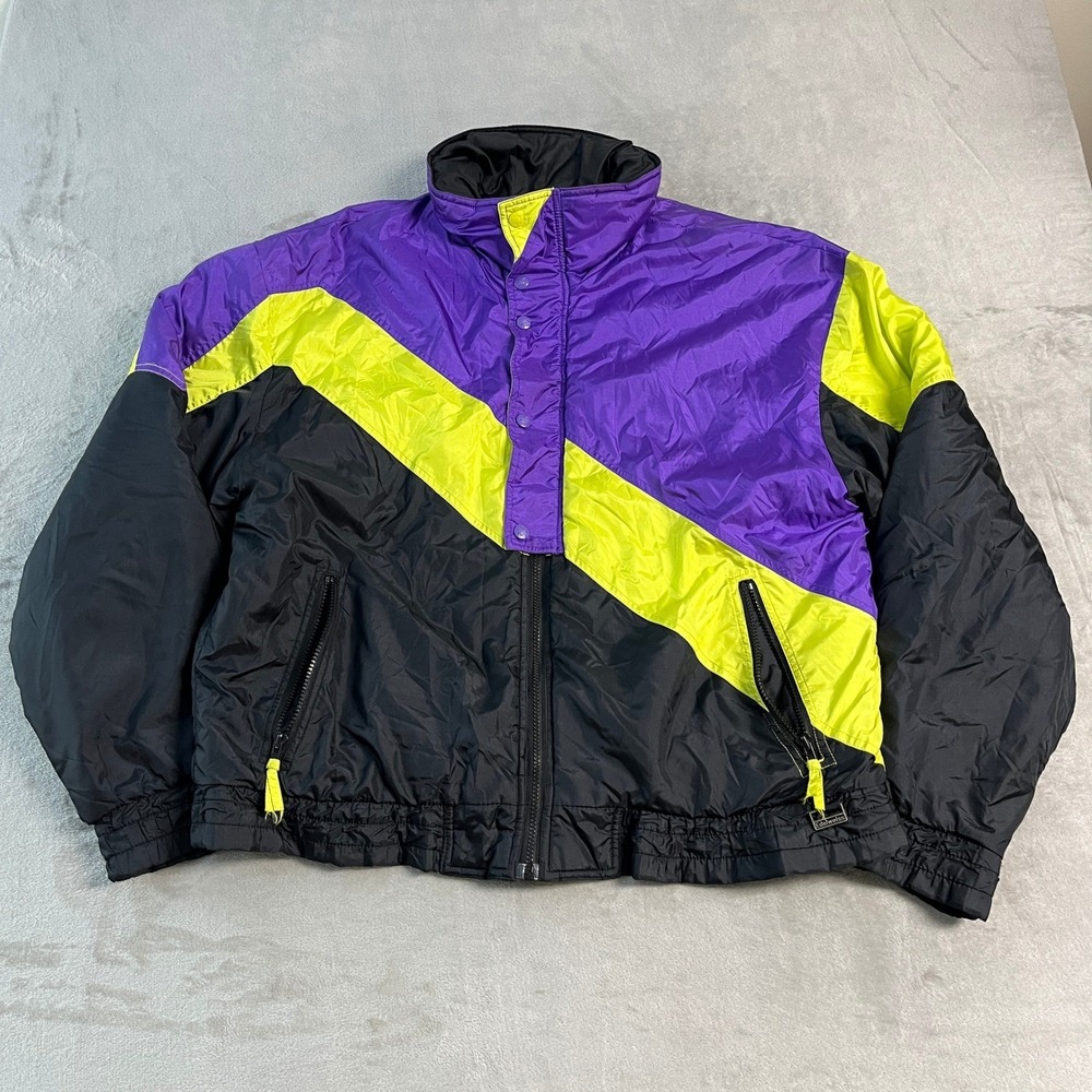 Vintage 90s Edelweiss Skiwear Mens XL Color Block Puffer Jacket Purple Retro